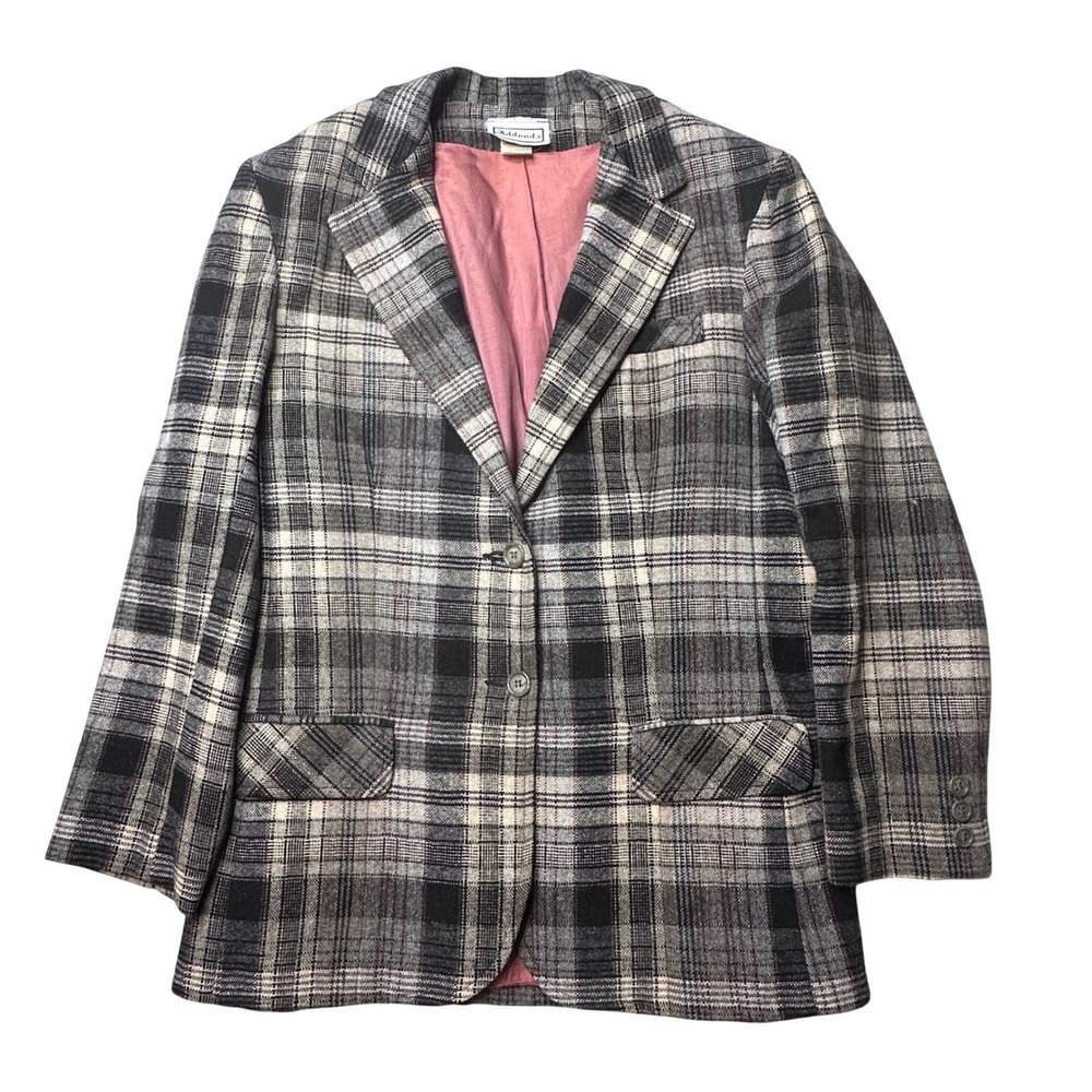 Vintage Addenda Blazer Women 14 Black Plaid Wool Blend Two Button Lined Jacket